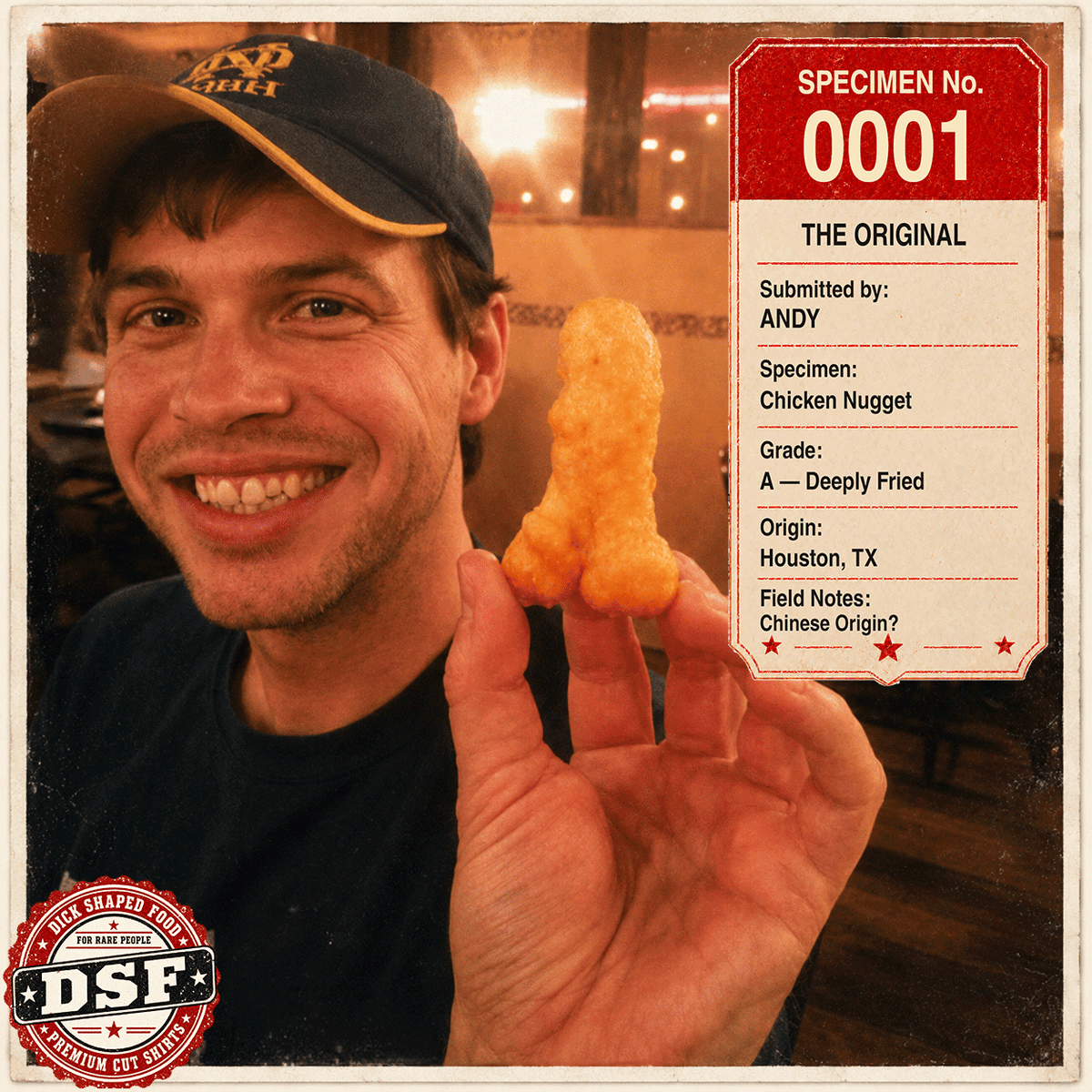 Andy holding the original chicken nugget, specimen number 0001